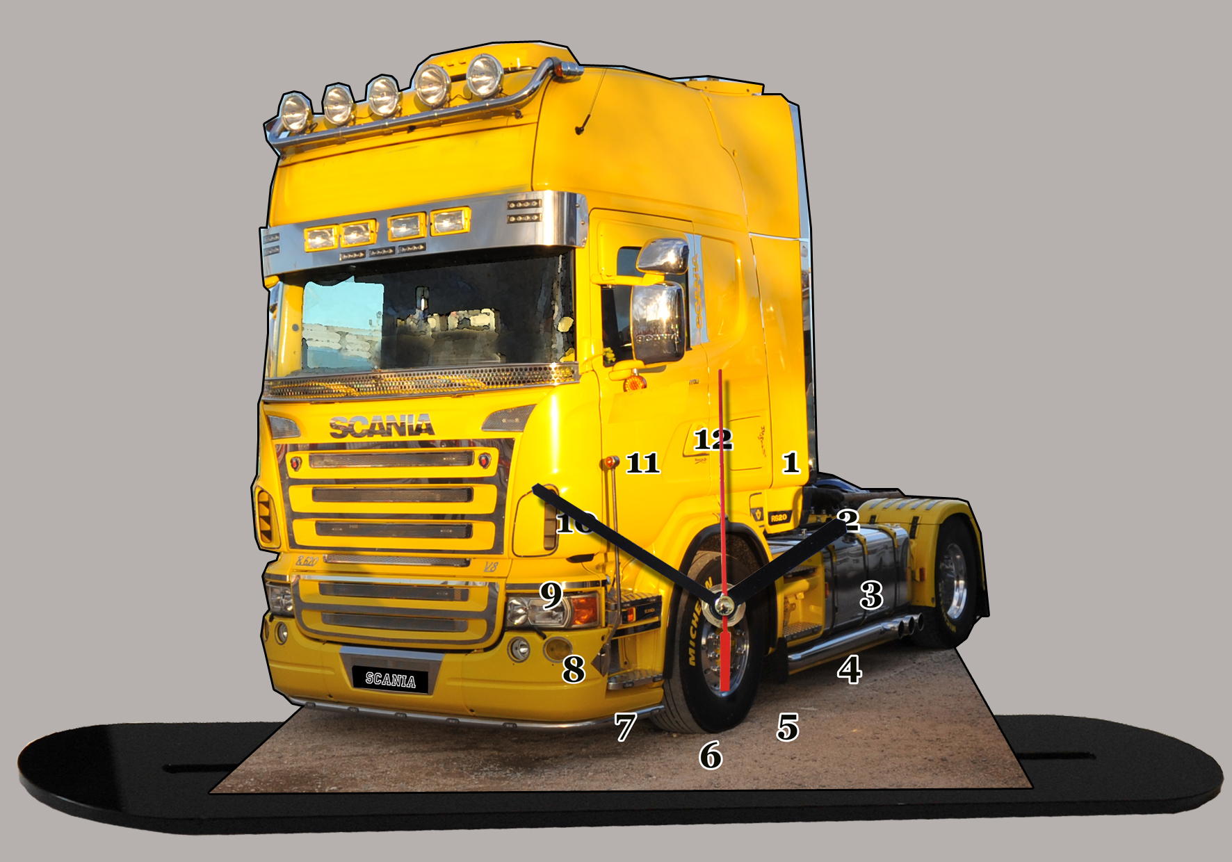 CAMION, TRUCK, SCANIA SCARFACE -17 en HORLOGE MINIATURE SUR SOCLE