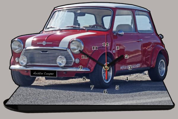 Austin mini rouge  en horloge miniature sur socle 01