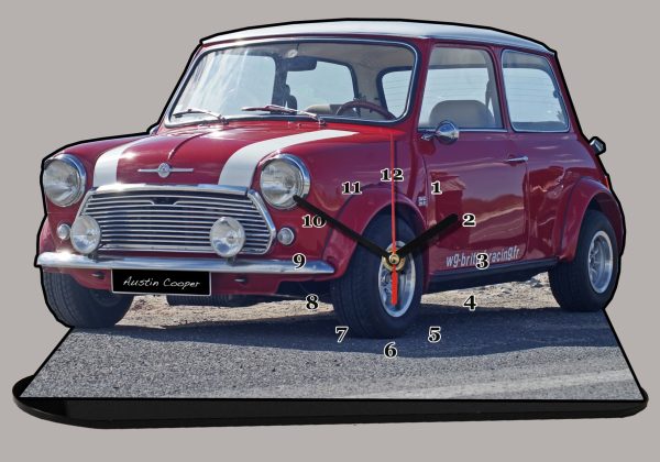 Austin mini rouge  en horloge miniature sur socle 01