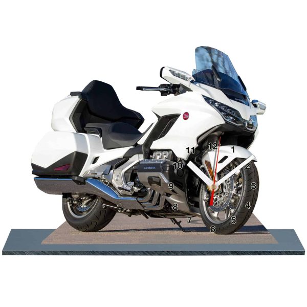 Honda Goldwing blanc 2018, moto en horloge miniature sur socle 16
