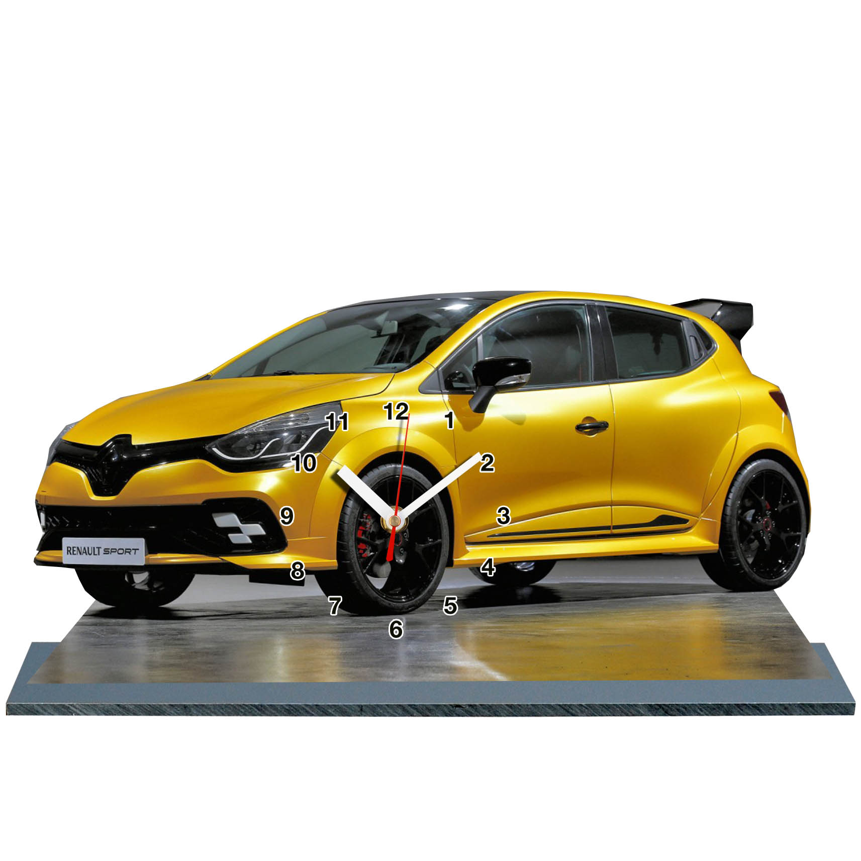 Renault Clio 4 RS jaune en horloge miniature sur socle 08